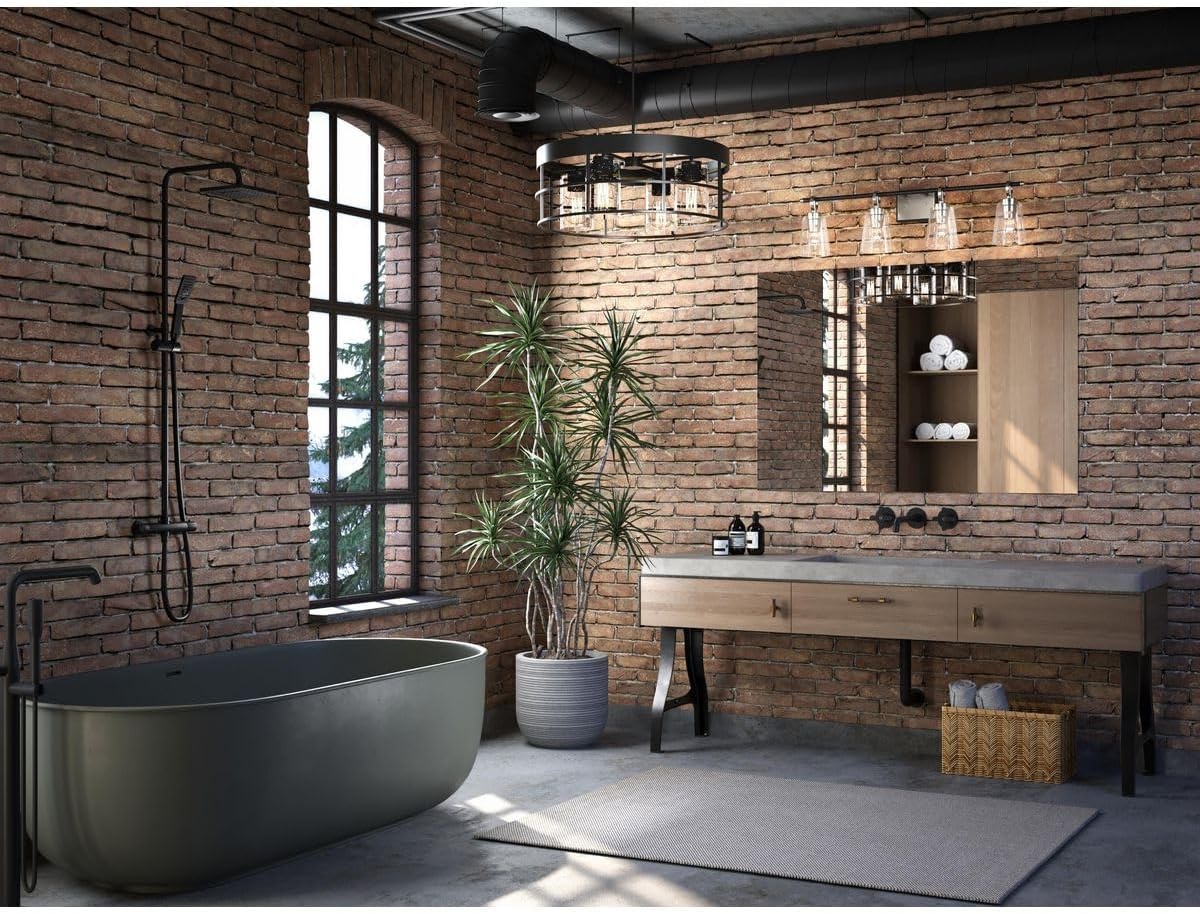 image:imageProgress Lighting Cassell 3387 in 4Light Brushed Nickel and Matte Black Vanity Light with Clear Glass Shades for Bathroom