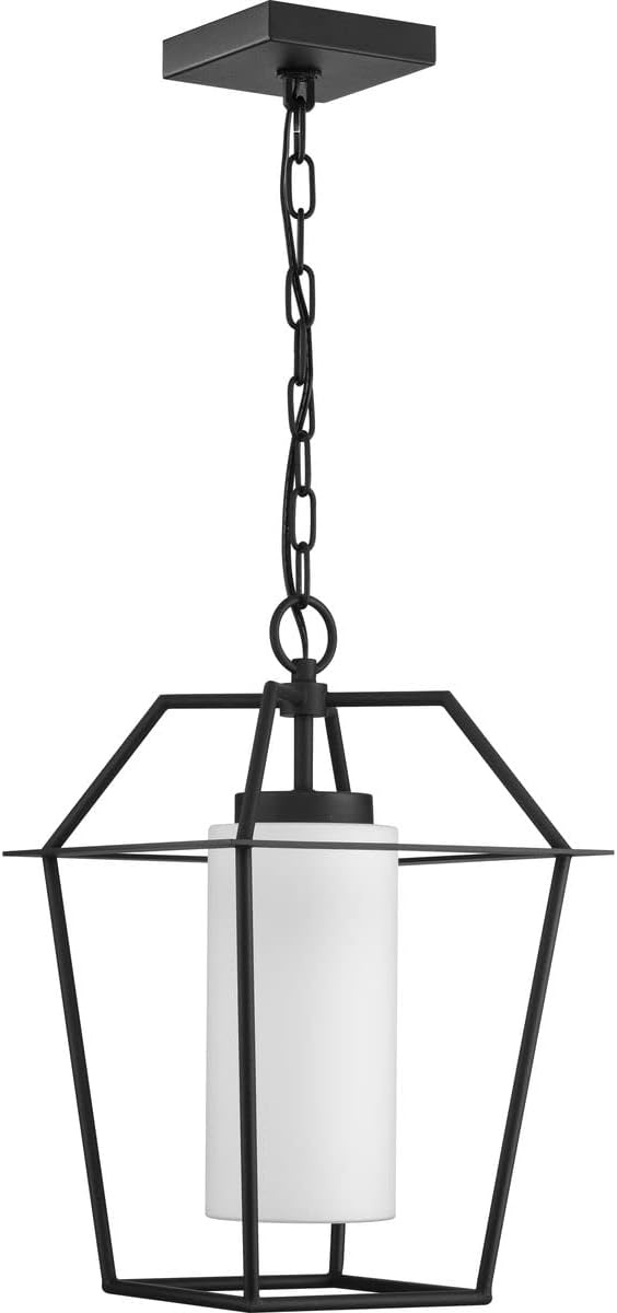 image:imageProgress Lighting Chilton Collection 1Light Textured Black Pendant Light with Etched Glass Shade Outdoor Hanging Lantern