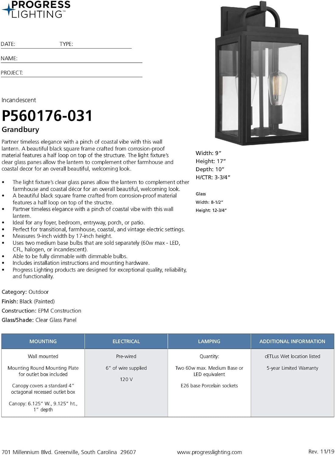image:imageProgress Lighting Grandbury Collection 17 in 1Light Antique Bronze with Clear Glass Shade Farmhouse Coastal Outdoor Wall LanternTextured Black