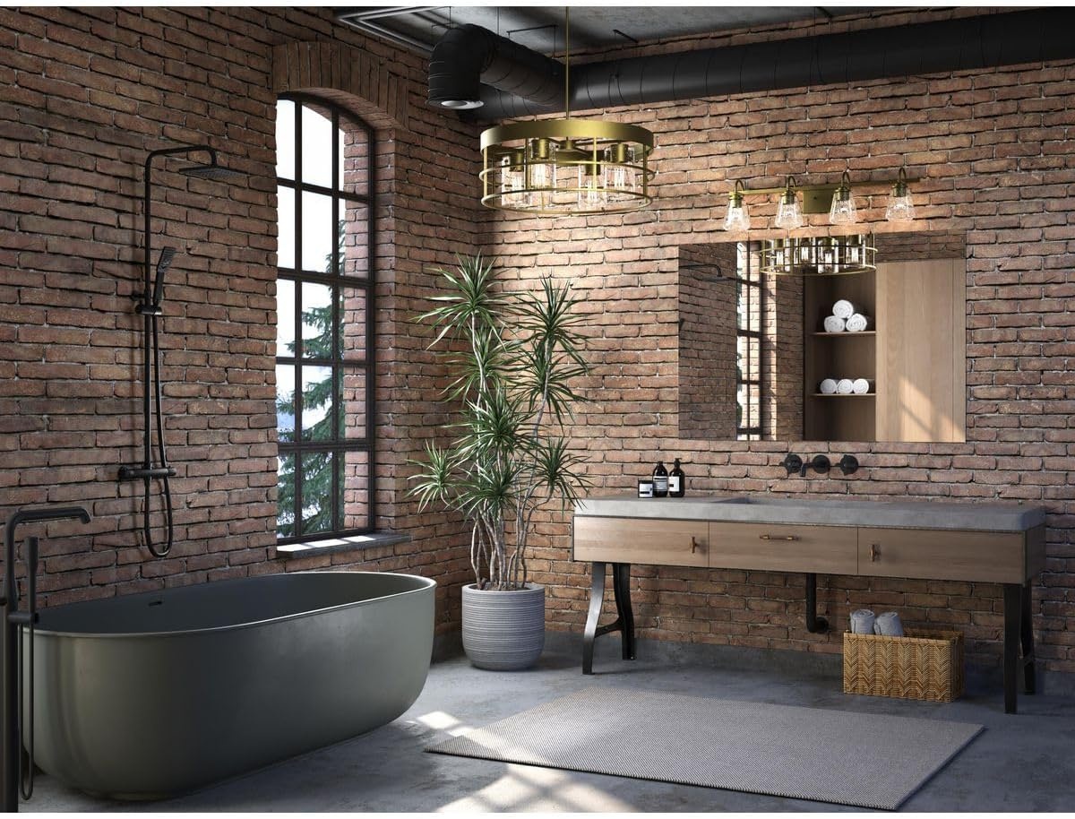image:imageProgress Lighting Martenne 3187 in FourLight Aged Bronze Vanity Light with Seeded Glass Shade