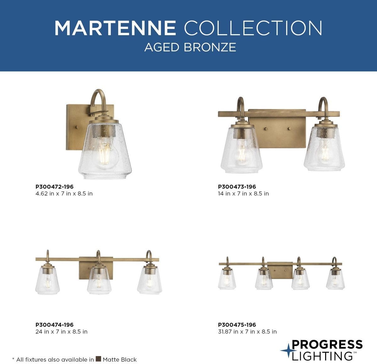 image:imageProgress Lighting Martenne 3187 in FourLight Aged Bronze Vanity Light with Seeded Glass Shade
