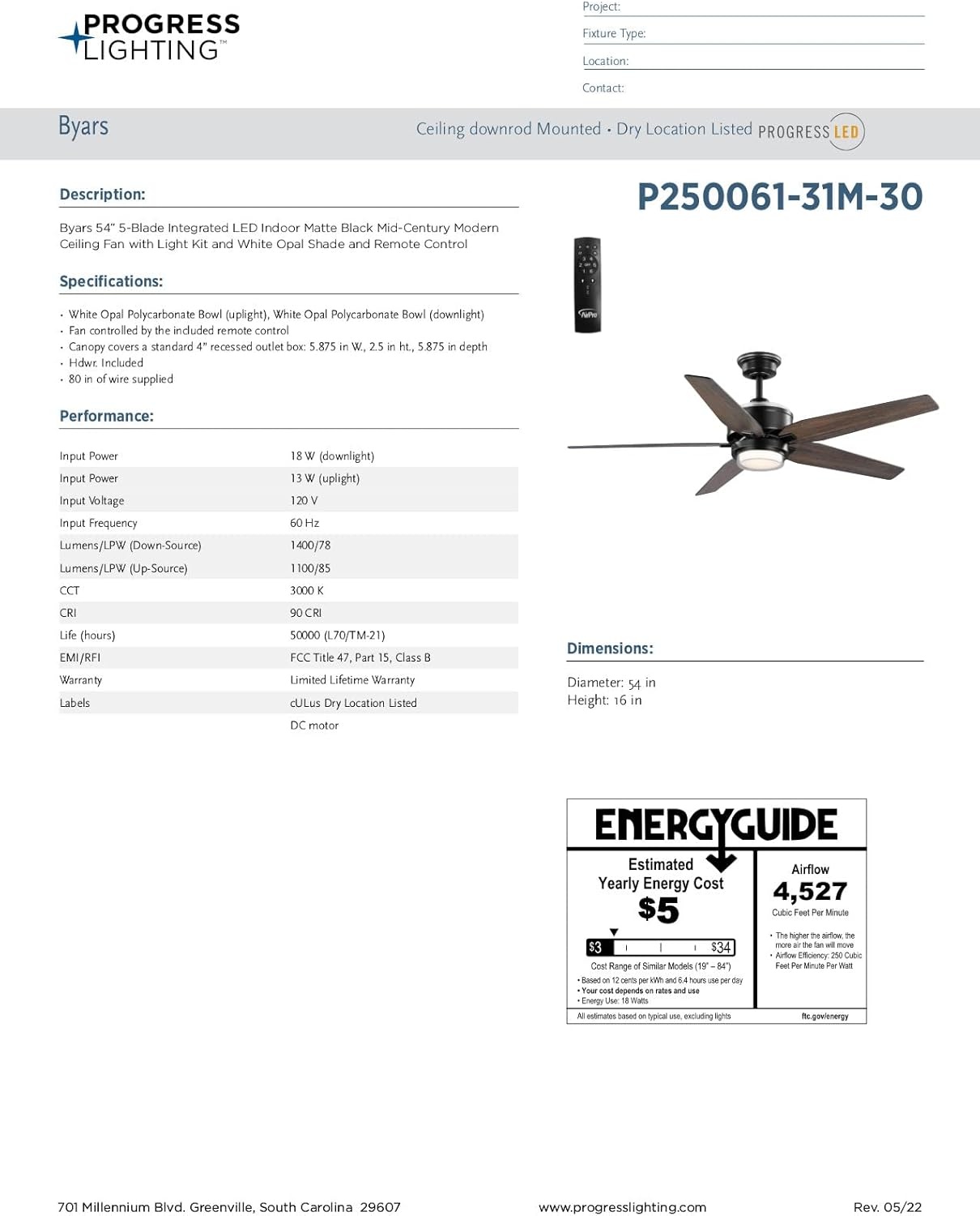 image:imageProgress Lighting P25006100931M Byars 5Blade Transitional Integrated LED Indoor Ceiling Fan Matte Black with Light Kit and White Opal Shade