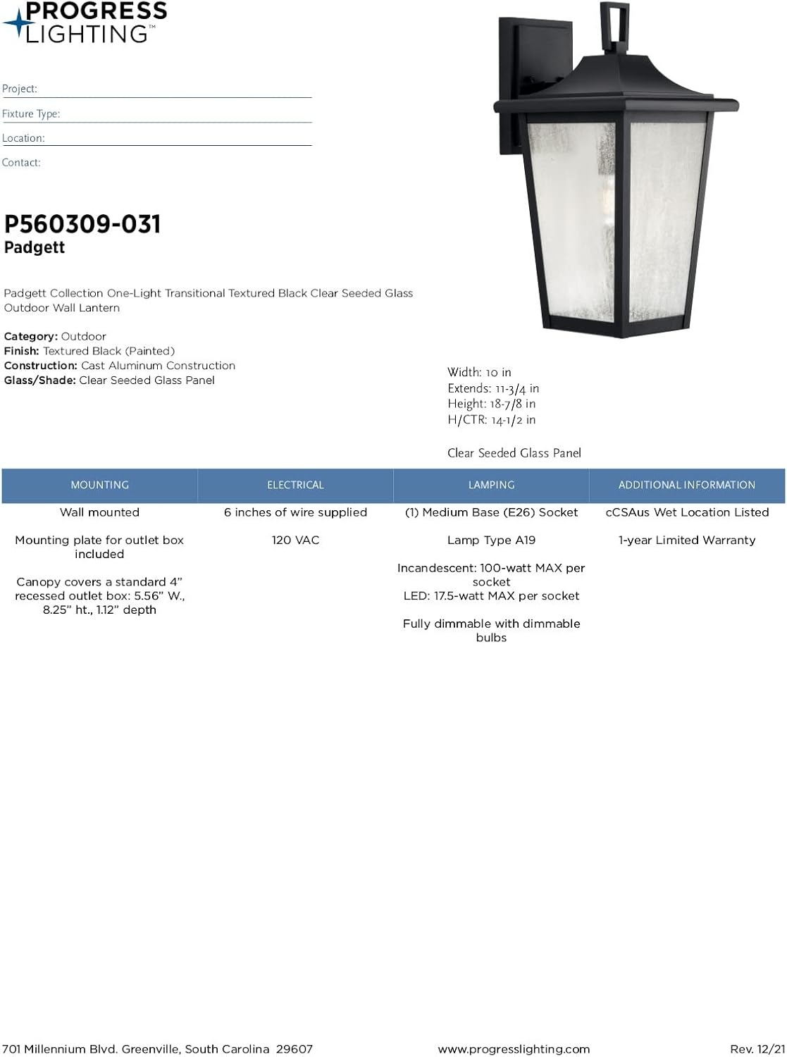 image:imageProgress Lighting Padgett Collection 18 in 1Light Antique Bronze with Clear Seeded Glass Shade Transitional Coastal Outdoor Wall LanternBlack