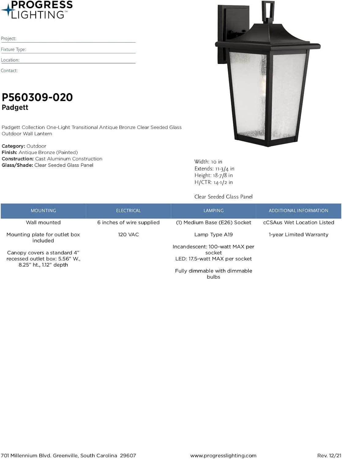 image:imageProgress Lighting Padgett Collection 18 in 1Light Antique Bronze with Clear Seeded Glass Shade Transitional Coastal Outdoor Wall LanternBronze