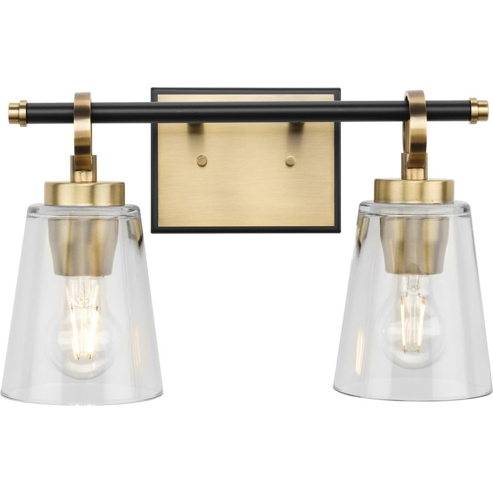 image:imageProgress Lighting Cassell 145 in 2Light Vintage Brass and Matte Black Vanity Light with Clear Glass Shades for Bathroom