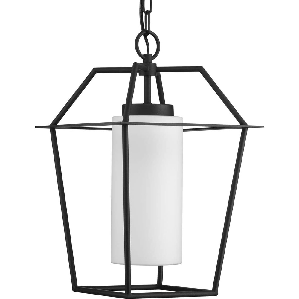 image:imageProgress Lighting Chilton Collection 1Light Textured Black Pendant Light with Etched Glass Shade Outdoor Hanging Lantern