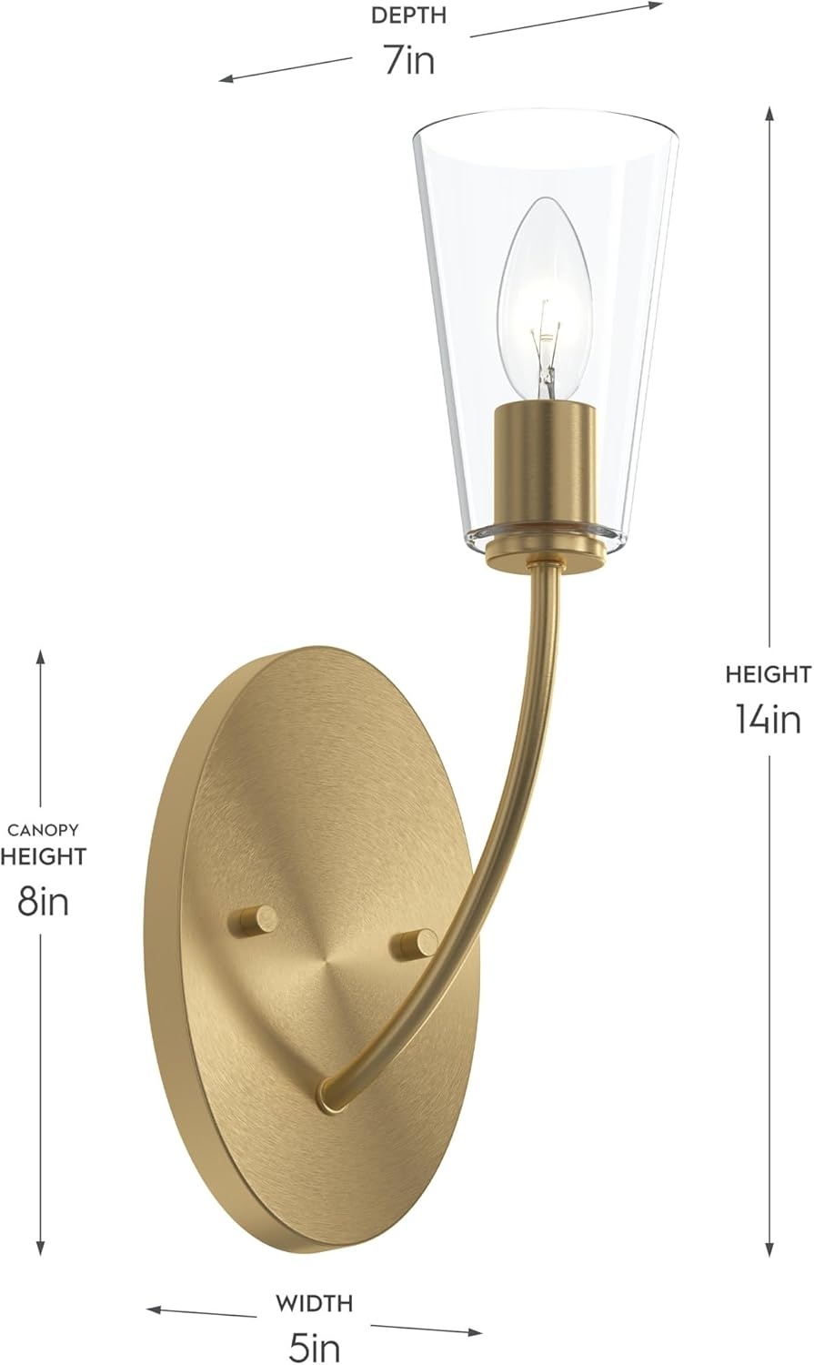 image:imageProgress Lighting Jheni 5 Inch 1Light Wall Sconce Transitional Wall Light Brushed Gold with Clear Glass Shade 14 in H x 5 in W x 7 in D P710154191