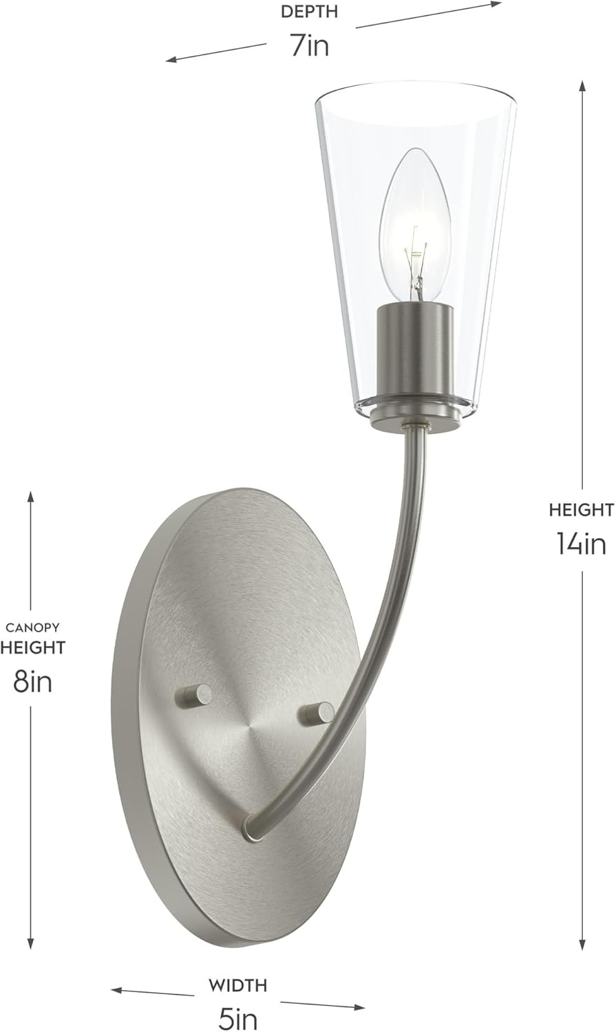 image:imageProgress Lighting Jheni 5 Inch 1Light Wall Sconce Transitional Wall Light Brushed Gold with Clear Glass Shade 14 in H x 5 in W x 7 in D P710154191