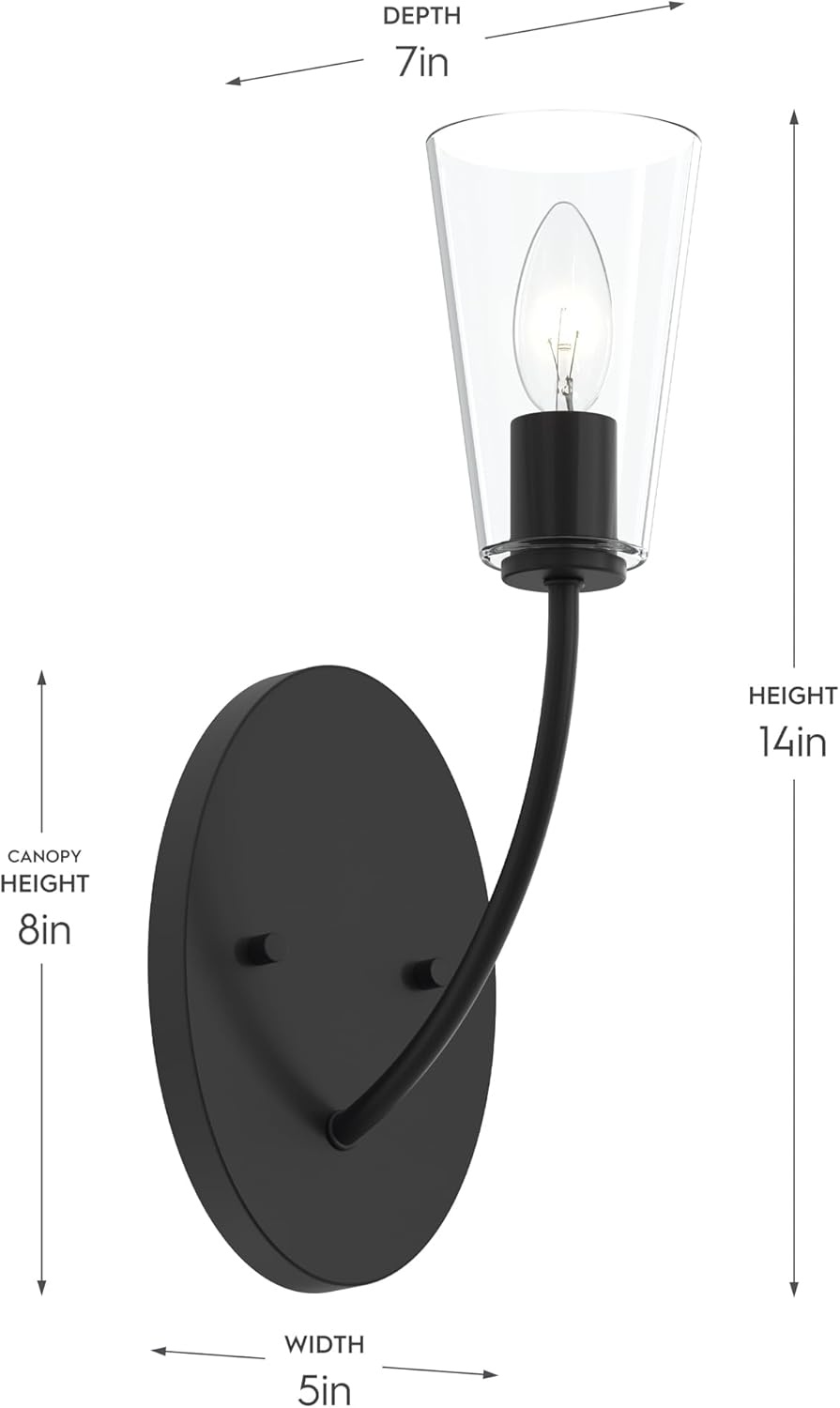 image:imageProgress Lighting Jheni 5 Inch 1Light Wall Sconce Transitional Wall Light Matte Black with Clear Glass Shade 14 in H x 5 in W x 7 in D P71015431M