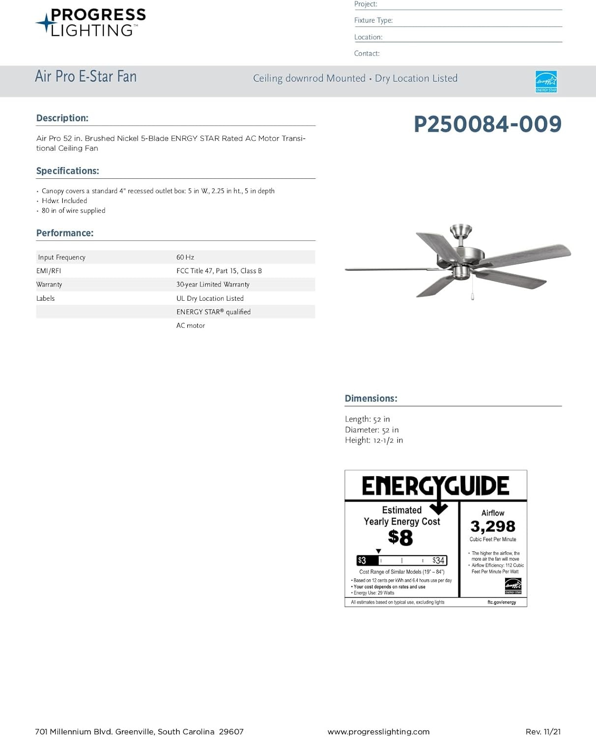 image:imageProgress Lighting P250084009 AirPro 52Inch AC Motor 5Blade Ceiling Fan 52x52x125 in Transitional Brushed NickelBrushed Nickel