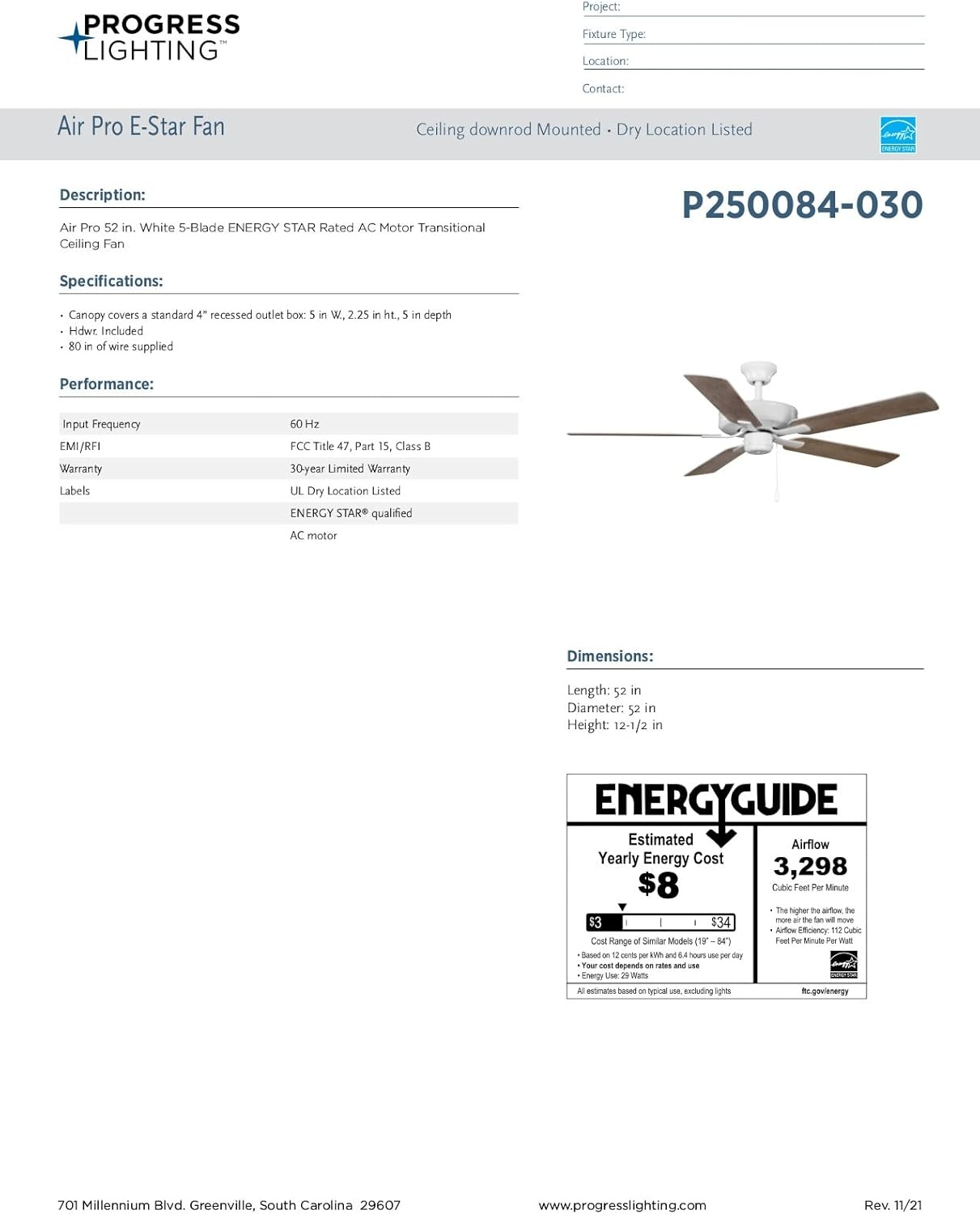 image:imageProgress Lighting P250084009 AirPro 52Inch AC Motor 5Blade Ceiling Fan 52x52x125 in Transitional Brushed NickelWhite